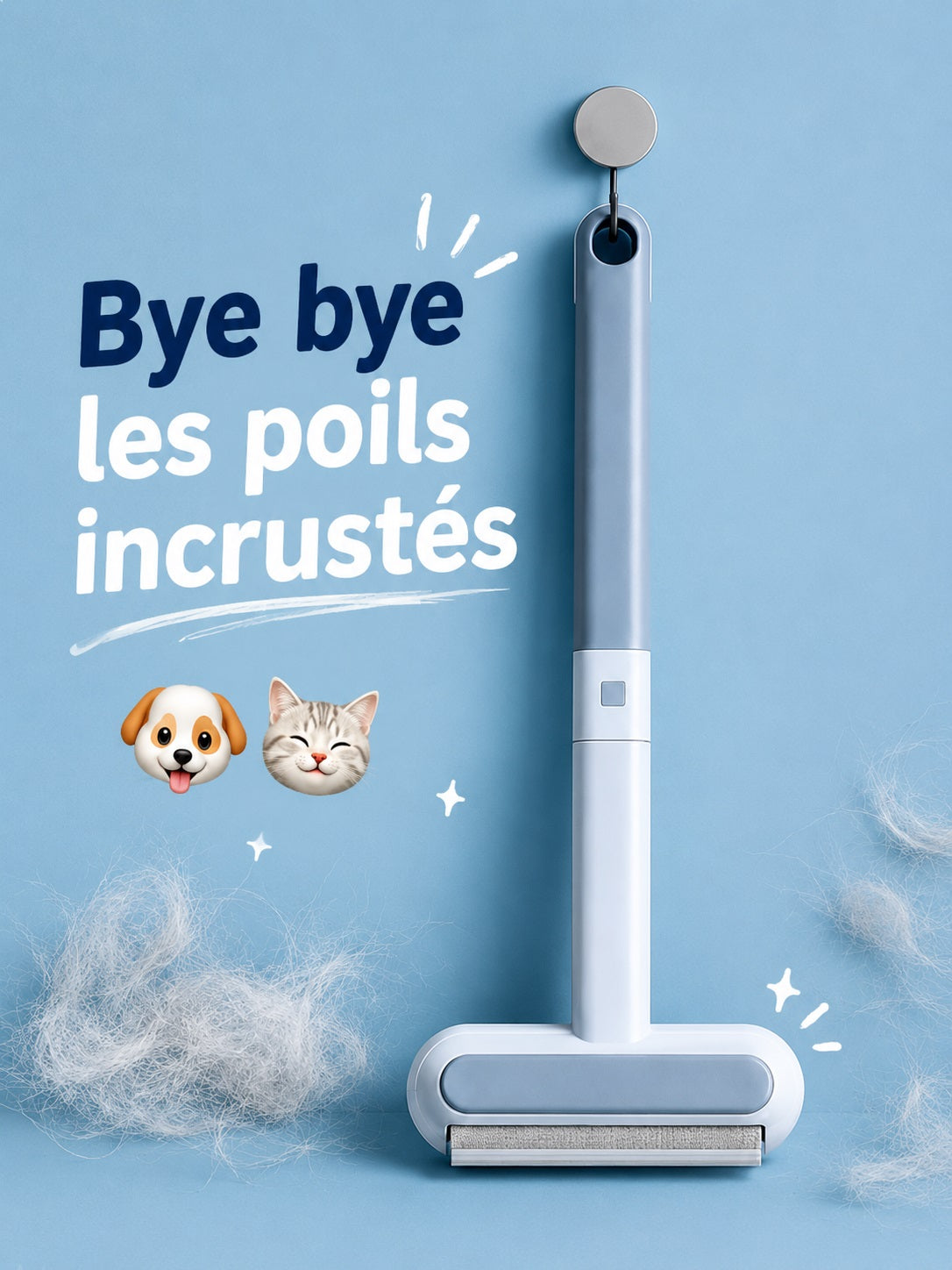 Présentation de la brosse anti-poils bleu clair pour les textiles de la maison