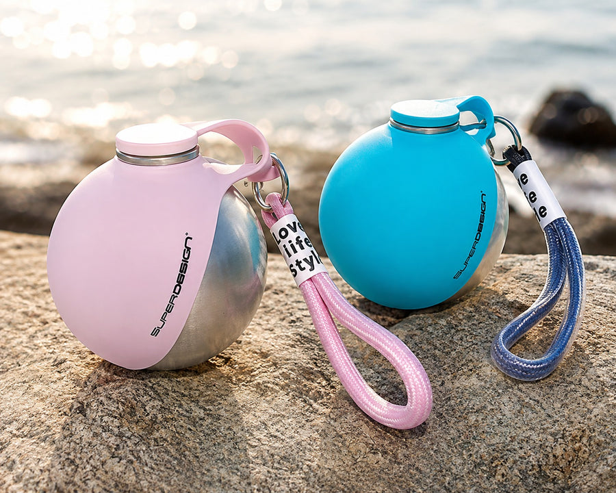Gourdes pour chien bleu turquoise et rose, avec gamelle intégrée et dragonne