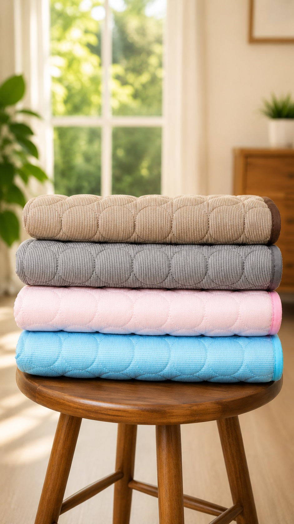 Tapis fraîcheur pour chien et chat pliés, en marron, gris, rose et bleu